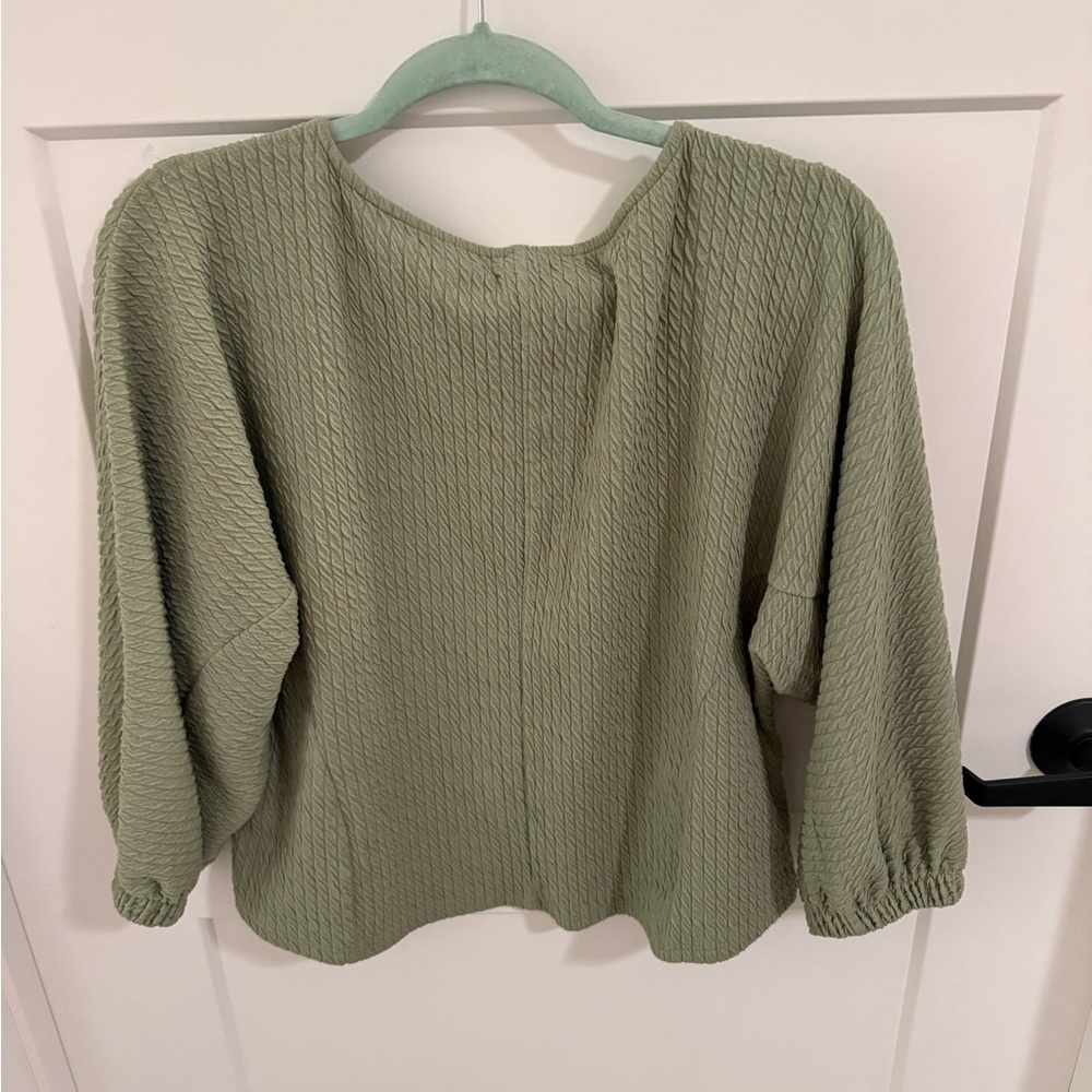 Anthropologie Textured Crop Top Sage Green Balloon Sleeve Stretch Blouse Size LP - Picture 5 of 5